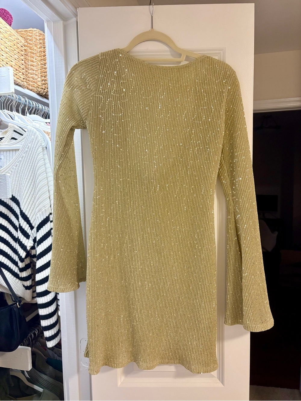 ASOS Long-Sleeve Sparkle Dress in Light Gold